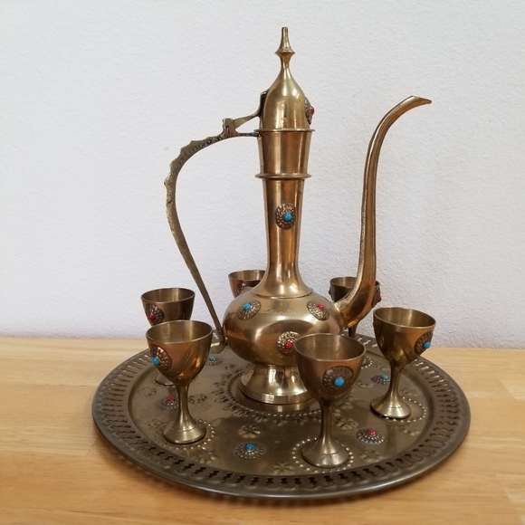 #1099 8 pcs Morocco Wine Tea Coffe brass stone set - Picture 2 of 16
